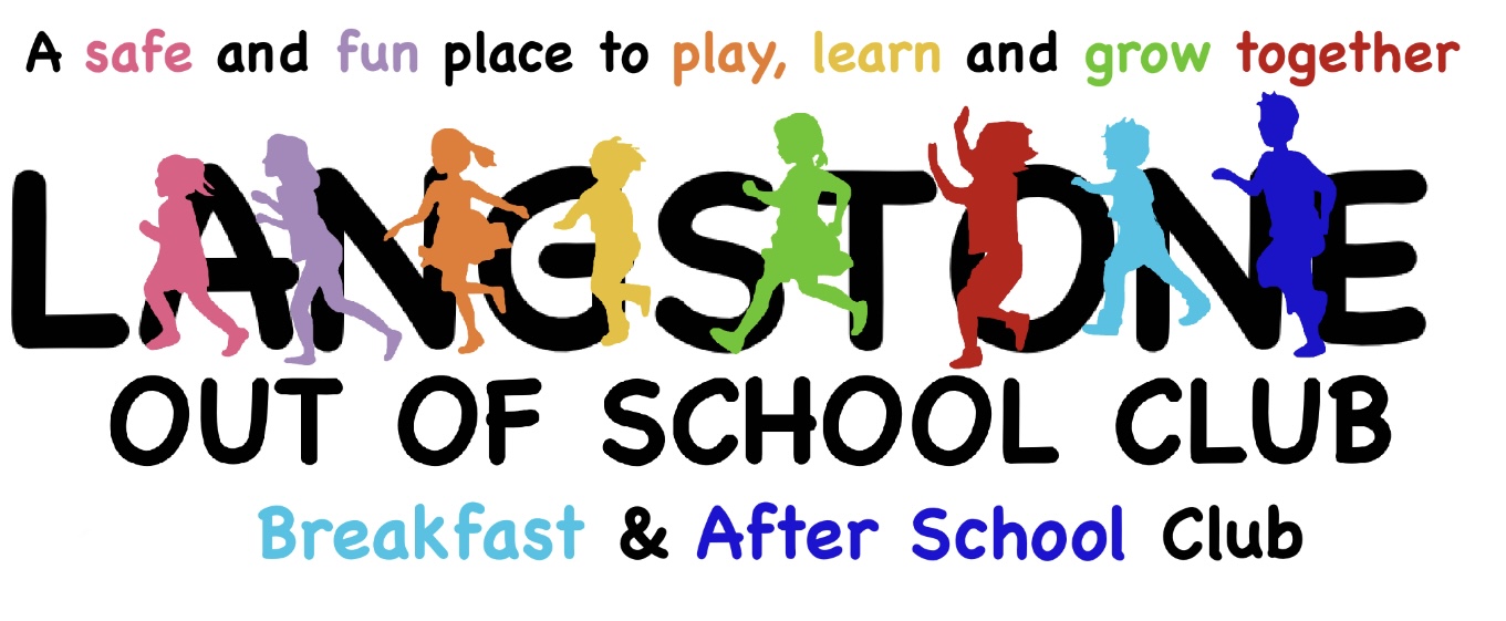 Banner for Langstone Out of School Club showing colourful silhouettes of children moving across the logo, with the slogan ‘A safe and fun place to play, learn and grow together’ and text for ‘Breakfast & After School Club’