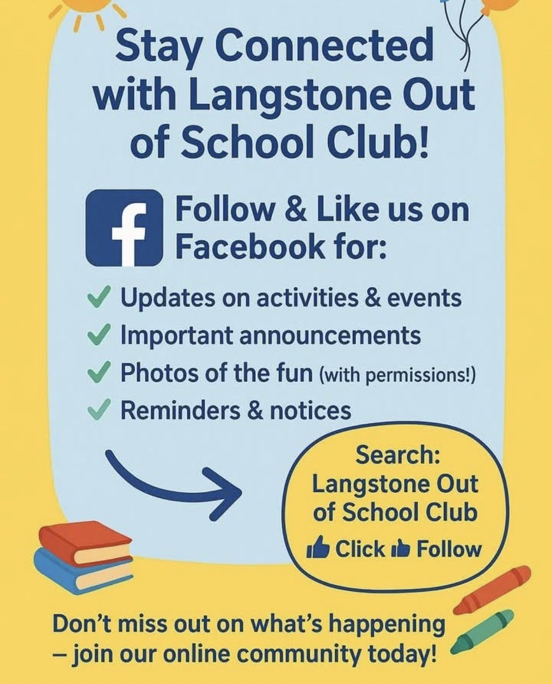Poster encouraging families to follow Langstone Out of School Club on Facebook for updates, announcements, photos, and reminders.